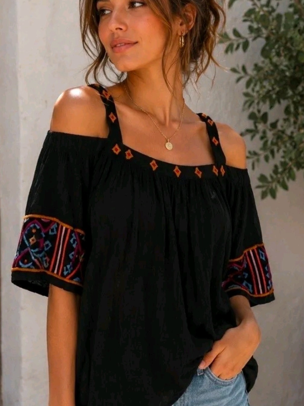 Japna Black Off-Shoulder Tunic With Colorful Embroidery